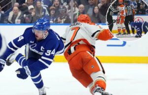 Auston Matthews, do Maple Leafs, se machucou em ‘jogo sujo’ do polêmico atleta olímpico Toronto Maple Leafs Auston Matthews (34) é ferido por Anaheim Ducks Radko Gudas (7) durante um jogo de hóquei.