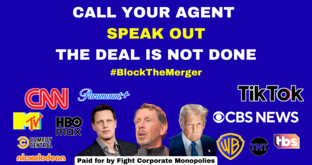 Aviso em outdoor móvel antimonopólio contra a fusão Paramount-WBD circulará Aviso em outdoor móvel antimonopólio contra a fusão Paramount-WBD circulará na cerimônia do Oscar