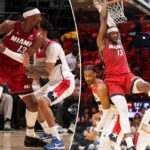 Bam Adebayo #13 do Miami Heat segura a bola durante o jogo contra o Washington Wizards em 10 de março de 2026 no Kaseya Center em Miami, Flórida.