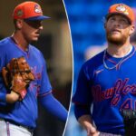 O arremessador do New York Mets, Craig Kimbrel, de uniforme e luva, olhando para cima.
