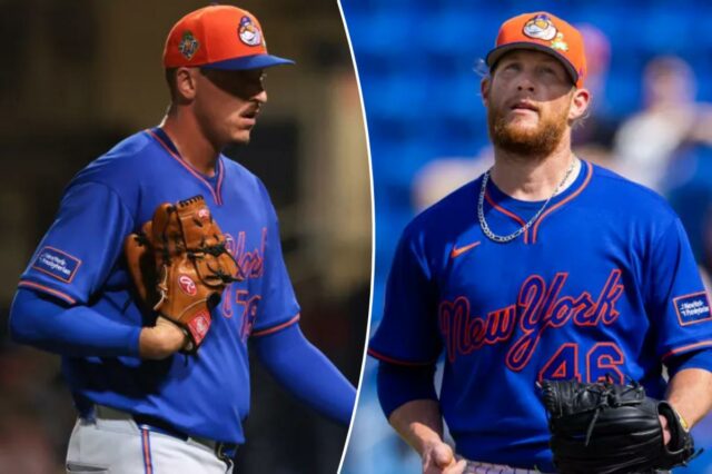O arremessador do New York Mets, Craig Kimbrel, de uniforme e luva, olhando para cima.