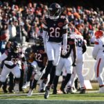 Nahshon Wright #26 of the Chicago Bears celebrates a third down stop against the Cleveland Browns during the first quarter at Soldier Field on December 14, 2025 in Chicago, Illinois.