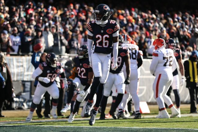 Nahshon Wright #26 of the Chicago Bears celebrates a third down stop against the Cleveland Browns during the first quarter at Soldier Field on December 14, 2025 in Chicago, Illinois.