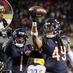 Tremaine Edmunds, jogador do Chicago Bears, observando antes do jogo.