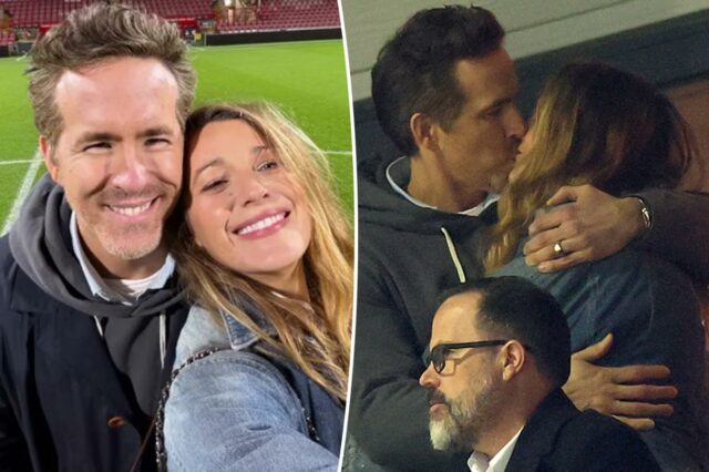 Blake Lively e Ryan Reynolds se beijam apaixonadamente no jogo do Wrexham em meio a seu drama jurídico
