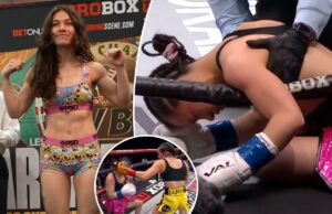 Boxeadora feminina Isis Sio, 19, em coma após nocaute Um boxeador, com tranças e luvas de boxe, enfrenta outra pessoa que está apenas parcialmente visível.