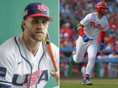 Bryce Harper revela que quase escolheu Giants em vez de Phillies durante a agência gratuita de 2019 Bryce Harper correndo no campo de beisebol.