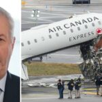 A equipe do aeroporto inspeciona os destroços da aeronave da Air Canada, com os restos do caminhão de bombeiros mostrados à esquerda.