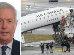 CEO da Air Canada renunciará após reação ao vídeo de condolências do acidente A equipe do aeroporto inspeciona os destroços da aeronave da Air Canada, com os restos do caminhão de bombeiros mostrados à esquerda.