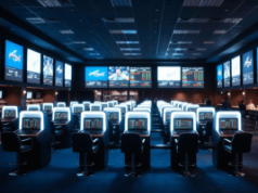 Casas de apostas esportivas tribais veem aumento nas apostas à medida que os quiosques dominam a atividade Os dados da Kambi mostram que o volume de apostas esportivas tribais ultrapassou 10 milhões de apostas em 2025, com as margens também subindo de forma consistente. Interior de uma casa de apostas esportivas moderna dentro de um cassino com fileiras de quiosques de apostas self-service iluminados voltados para telas grandes exibindo eventos esportivos e probabilidades de apostas.