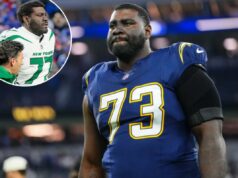 Chargers cortam Jets e prendem Mekhi Becton antes da agência gratuita da NFL Mekhi Becton com os Chargers em outubro de 2025.