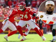 Chiefs liberando US$ 80 milhões para Jawaan Taylor enquanto a entressafra crucial toma forma Patrick Mahomes abraça companheiro de equipe após touchdown.