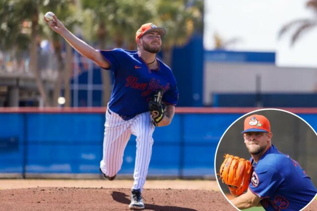 O arremessador do New York Mets, Christian Scott, jogando uma bola de beisebol durante o treinamento de primavera.