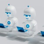 Classificações de privacidade do chatbot AI para os aplicativos mais populares do iPhone | Uma fileira de robôs estilo desenho animado digitando em laptops