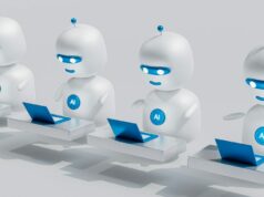 Classificações de privacidade do chatbot AI para os aplicativos mais populares para iPhone Classificações de privacidade do chatbot AI para os aplicativos mais populares do iPhone | Uma fileira de robôs estilo desenho animado digitando em laptops