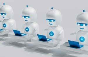 Classificações de privacidade do chatbot AI para os aplicativos mais populares para iPhone Classificações de privacidade do chatbot AI para os aplicativos mais populares do iPhone | Uma fileira de robôs estilo desenho animado digitando em laptops