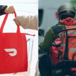 Ilustração fotográfica de um Dasher segurando uma sacola de entrega DoorDash para um cliente.