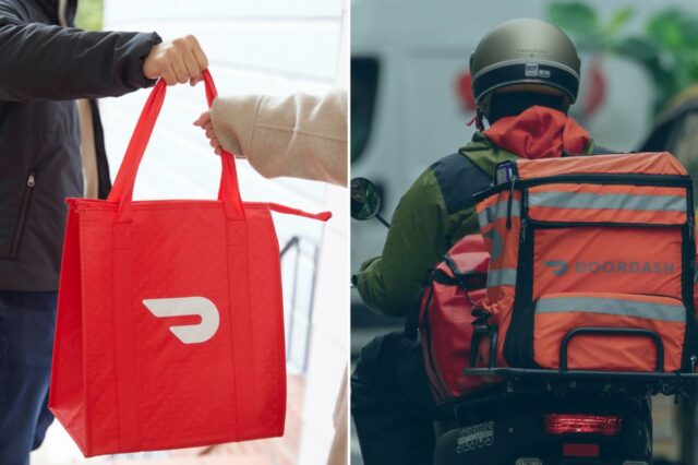 Cliente Jerk DoorDash provoca indignação com pedido insultuoso ao motorista: Ilustração fotográfica de um Dasher segurando uma sacola de entrega DoorDash para um cliente.