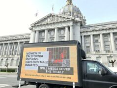 Colocar homens biológicos em prisões femininas sempre foi uma loucura Um outdoor em um caminhão em frente à Prefeitura de São Francisco chama a atenção para o estupro na prisão com um texto que diz