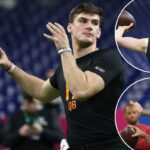 O quarterback da Penn State, Drew Allar, lança um passe durante um treino do NFL Combine em 28 de fevereiro de 2026.