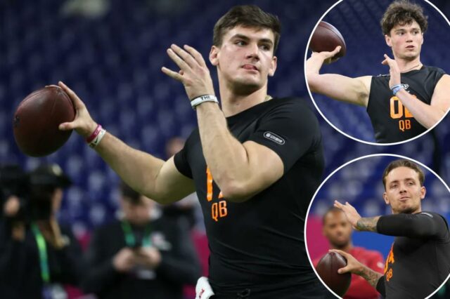O quarterback da Penn State, Drew Allar, lança um passe durante um treino do NFL Combine em 28 de fevereiro de 2026.