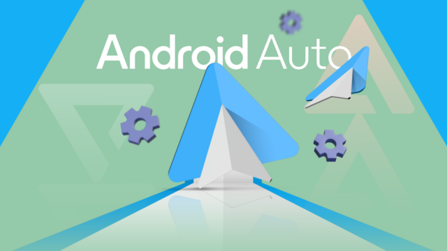 Logotipo do Android Auto exibido entre chaves vermelhas.