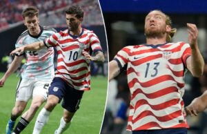 Conflito entre cores da camisa USMNT e Bélgica desperta fúria de jogadores e torcedores: ‘Realmente inaceitável’ Christian Pulisic, dos Estados Unidos, dribla a bola de futebol enquanto Alexis Saelemaekers, da Bélgica, o defende.