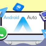 Logotipo do Android Auto exibido entre chaves vermelhas.