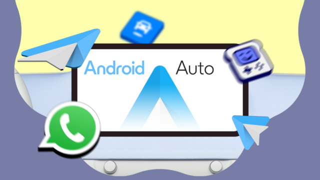 Logotipo do Android Auto exibido entre chaves vermelhas.