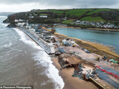 Consternação para os moradores quase isolados da civilização quando uma enorme tempestade destruiu a estrada costeira depois que eles souberam que o governo anunciou £ 1,4 bilhão para defesa contra enchentes – mas NADA para eles Torcross está parcialmente isolado do resto do mundo depois que a seção de 200 metros caiu no mar em fevereiro, mas foi deixada de fora de um fundo governamental de £ 1,4 bilhão para proteção costeira e contra inundações.