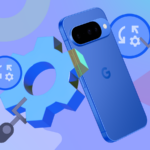 Pessoa segurando um smartphone Google Pixel cercado por ícones coloridos que representam recursos de automação, como localização, casa, sono e rotinas