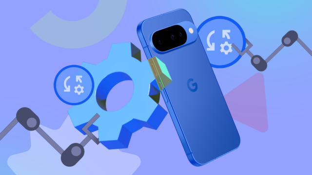 Pessoa segurando um smartphone Google Pixel cercado por ícones coloridos que representam recursos de automação, como localização, casa, sono e rotinas