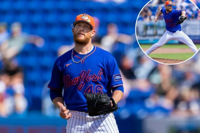 O arremessador do Mets Craig Kimbrel (46) lança a quarta entrada contra o Washington Nationals durante o Spring Training Clover Field, sábado, 28 de fevereiro de 2026.