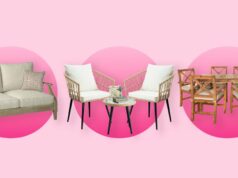 Crie um oásis no quintal com móveis chiques – tudo à venda Aline Kaplan vestindo calças jeans azuis de perna larga Baum & Pferdgarten e outras histórias blusa cortada com padrão de flores brancas e salto laranja de verão e tons laranja preto Mango em 06 de junho de 2023 em Berlim, Alemanha.