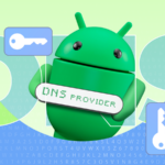 Mascote Android com uma lupa ao lado de um smartphone Samsung.