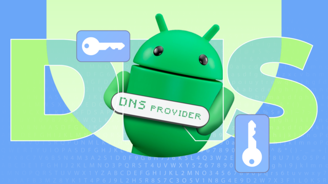 Mascote Android com uma lupa ao lado de um smartphone Samsung.