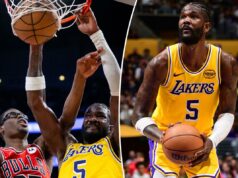 Deandre Ayton continua mostrando porque é o fator X do Lakers Deandre Ayton arremessando um lance livre durante um jogo do Lakers.