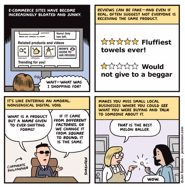 Desenho animado: Caos no comércio eletrônico
