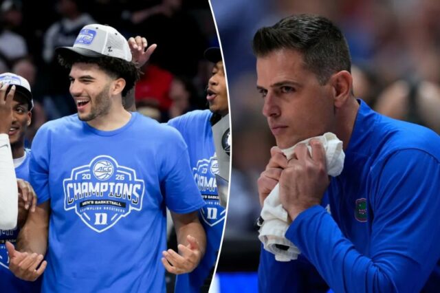 Cameron Boozer (centro) foi nomeado MVP do Torneio ACC após a vitória de Duke sobre a Virgínia em 14 de março de 2026. 