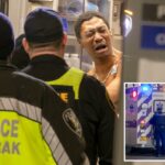 Polícia paramédico e Amtrak no local de um sem-teto perto da W 33rd St e 8th Ave, no centro de Manhattan.