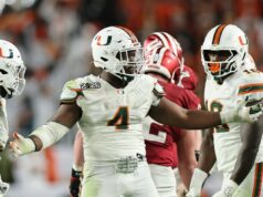 Draft Guru prevê grande queda no dia do draft para Miami DE Rueben Bain Jr. Miami DE Rueben Bain Jr.