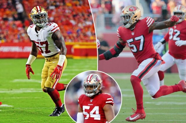 O linebacker Dre Greenlaw, do San Francisco 49ers, está pronto para a defesa.