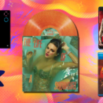 Disco de Taylor Swift, CD de Harry Styles, DVD The Housemaid e DVD Sinners com fundo colorido