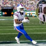 O wide receiver do Buffalo Bills, Elijah Moore (18), marca um touchdown durante o segundo tempo contra o New York Jets no MetLife Stadium, domingo, 14 de setembro de 2025, em East Rutherford, Nova Jersey.
