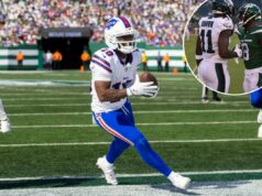 Eagles assinando com Elijah Moore um contrato de um ano que pode oferecer uma pista a AJ Brown O wide receiver do Buffalo Bills, Elijah Moore (18), marca um touchdown durante o segundo tempo contra o New York Jets no MetLife Stadium, domingo, 14 de setembro de 2025, em East Rutherford, Nova Jersey.
