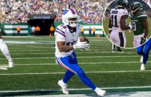 Eagles assinando com Elijah Moore um contrato de um ano que pode oferecer uma pista a AJ Brown O wide receiver do Buffalo Bills, Elijah Moore (18), marca um touchdown durante o segundo tempo contra o New York Jets no MetLife Stadium, domingo, 14 de setembro de 2025, em East Rutherford, Nova Jersey.