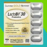 Embalagem California Gold Nutrition LactoBif 30 Probióticos, destacando 30 bilhões de UFC por cápsula vegetal e sua formulação sem laticínios, glúten, OGM ou soja.