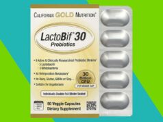 Elimine o inchaço com esta arma secreta de US$ 22 que encontramos no iHerb – milhares de compradores recomendam Embalagem California Gold Nutrition LactoBif 30 Probióticos, destacando 30 bilhões de UFC por cápsula vegetal e sua formulação sem laticínios, glúten, OGM ou soja.