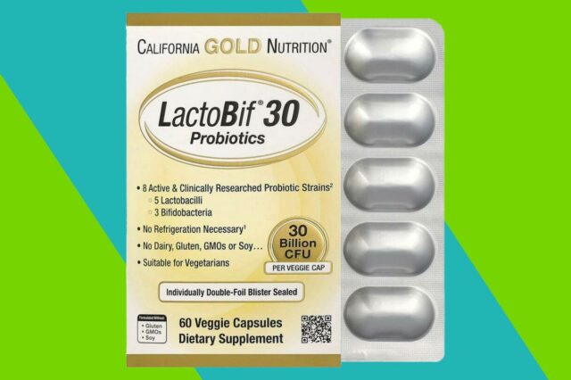 Embalagem California Gold Nutrition LactoBif 30 Probióticos, destacando 30 bilhões de UFC por cápsula vegetal e sua formulação sem laticínios, glúten, OGM ou soja.