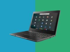 Encontramos um Chromebook de US$ 60 que cobre o básico sem o alto preço usual de um laptop Um Chromebook Lenovo cinza com vista aérea de um lago e montanhas na tela.